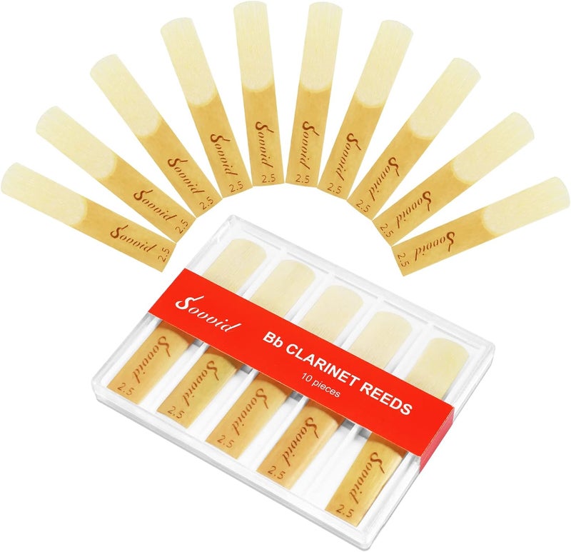 Sovvid 10 Pack Bb Clarinet Reeds with Plastic Box, Strength 2.5 Reeds for Clarinet, Thinner Reed Tip & Unfiled Cut for Easy of Play, Traditional Reeds for Clarinet Beginner and Player - Image 1